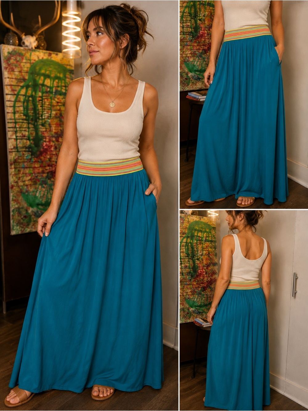 Teal Maxi Skirt with Multicolor Elastic Waistband